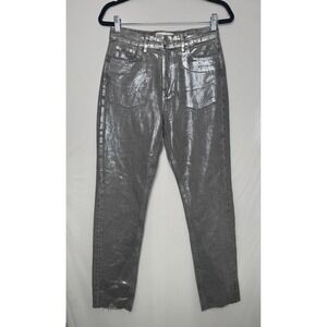 Zara Metallic Silver Foil High Rise Straight Leg Jeans Grey Raw Hem Womens 4